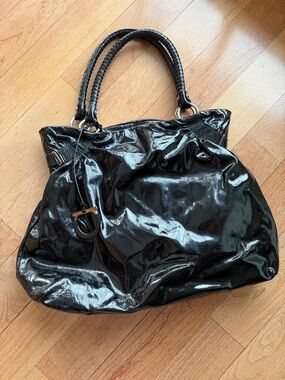 Salvatore Ferragamo Black Patent Shoulder Tote bag w braided handles